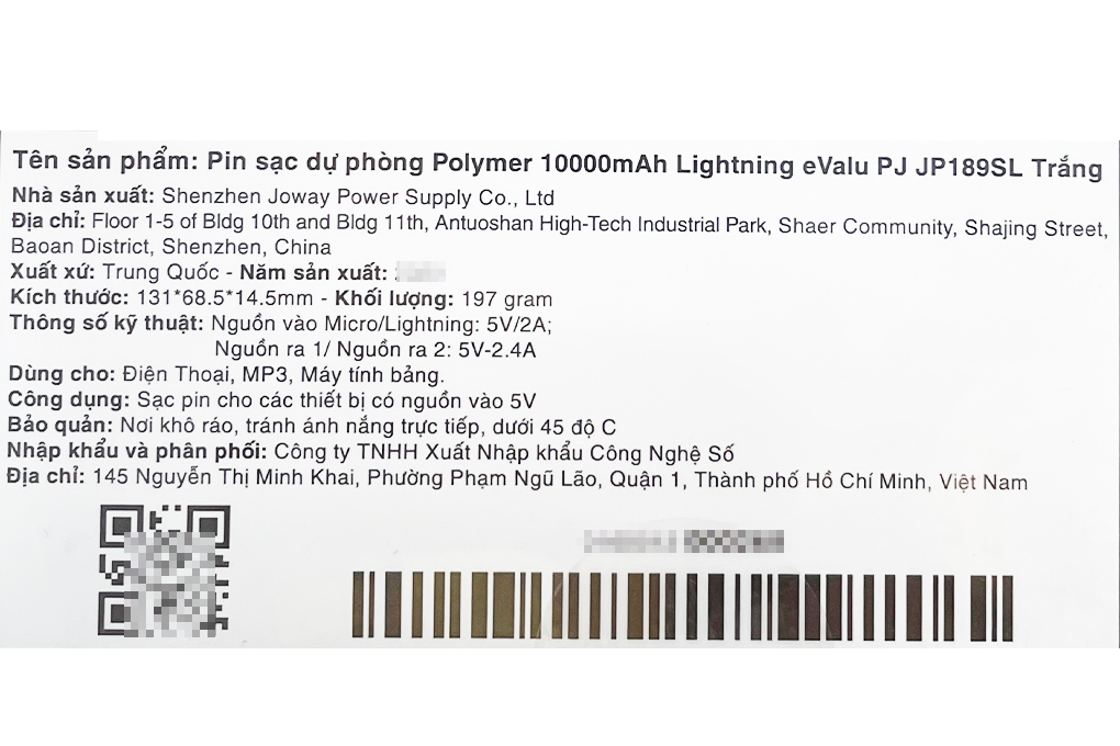 Pin sạc dự phòng Polymer 10.000 mAh Lightning eValu PJ JP189SL