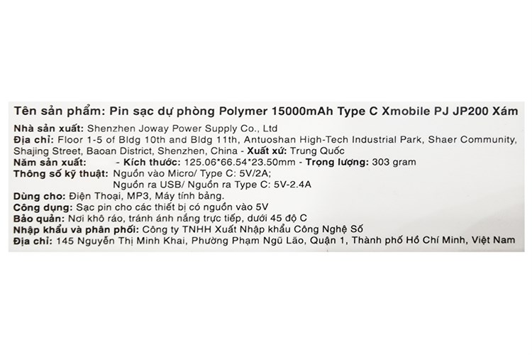 Pin sạc dự phòng Polymer 15.000 mAh Type C 12W Xmobile PJ JP200 Màu Xám