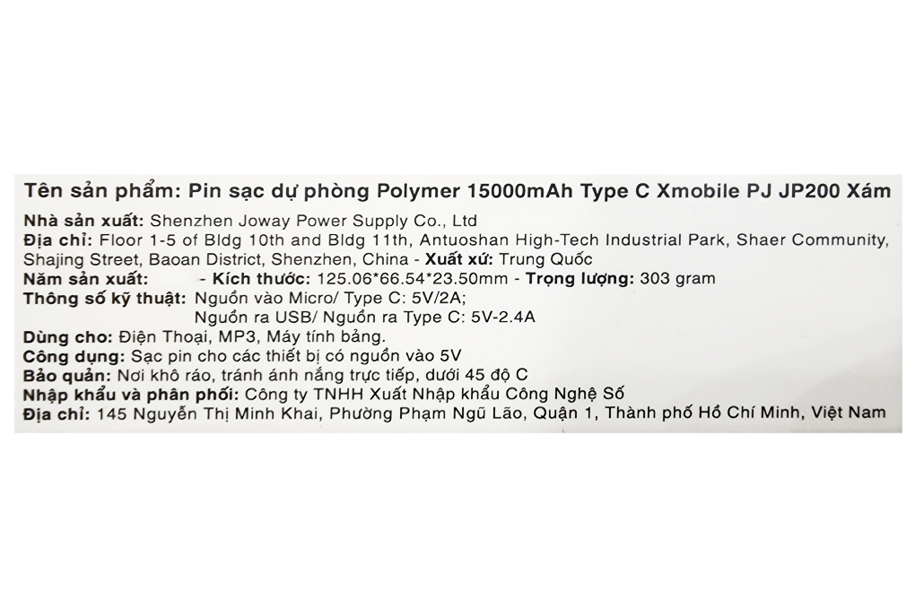 Pin sạc dự phòng Polymer 15.000 mAh Type C 12W Xmobile PJ JP200 Màu Xám