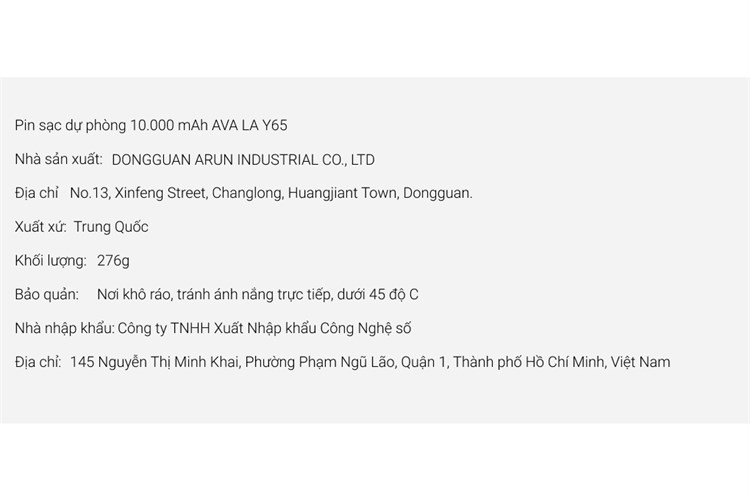 Pin sạc dự phòng 10.000 mAh 10.5W AVA LA Y65 Màu Đen