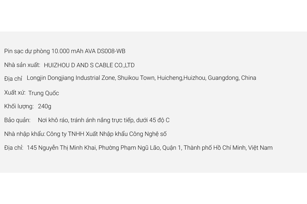 Pin sạc dự phòng 10.000 mAh AVA DS008-WB Màu Xám