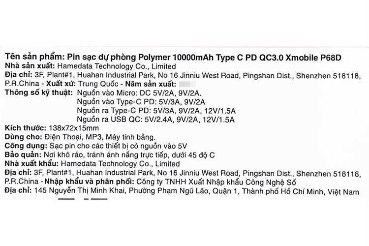 Pin sạc dự phòng Polymer 10.000 mAh Type C PD QC3.0 18W Xmobile P68D Màu Xám