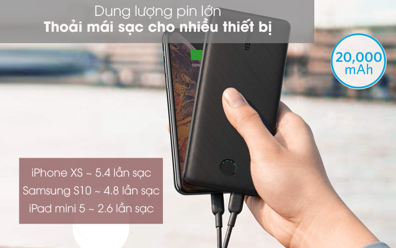 Dung lượng pin lớn - Pin sạc dự phòng Polymer 20.000mAh Type C PowerCore Essential PD Anker A1281 Fabric Đen