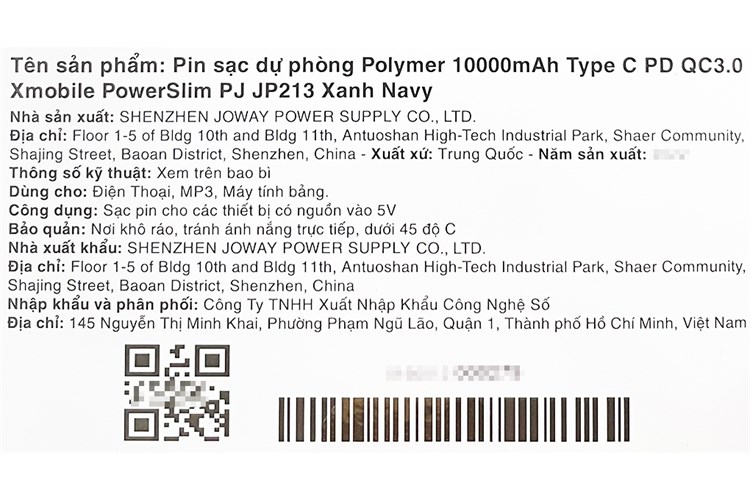 Pin sạc dự phòng Polymer 10.000 mAh Type C PD QC3.0 18W Xmobile PowerSlim PJ JP213 Màu Xanh Navy