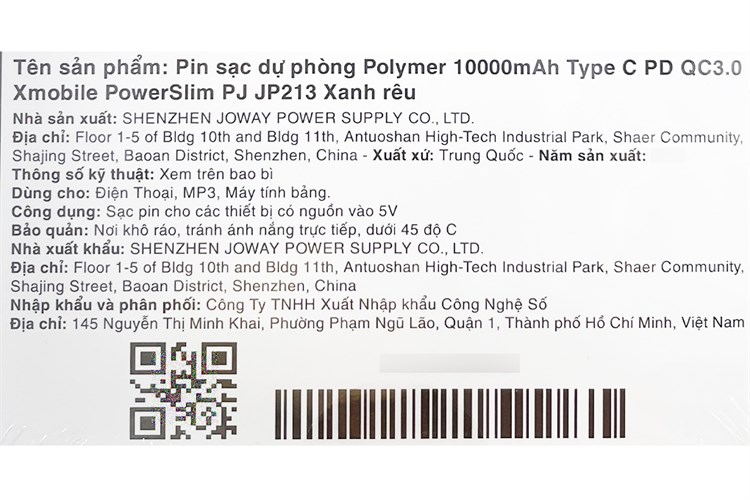 Pin sạc dự phòng Polymer 10.000 mAh Type C PD QC3.0 18W Xmobile PowerSlim PJ JP213 Màu Xanh rêu