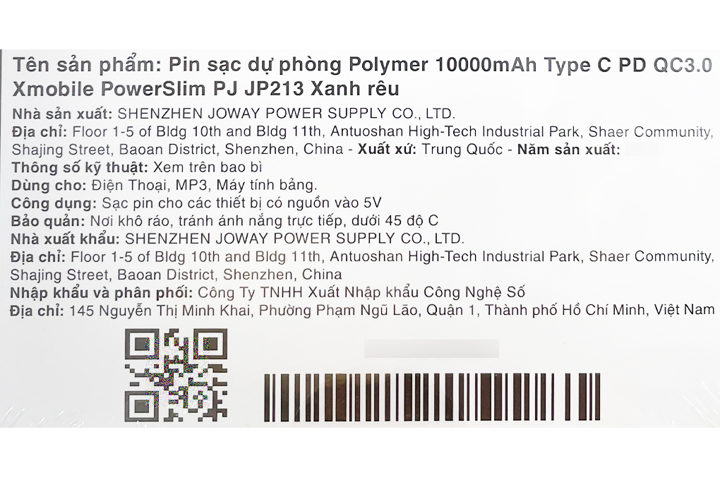 Pin sạc dự phòng Polymer 10.000 mAh Type C PD QC3.0 18W Xmobile PowerSlim PJ JP213 Màu Xanh rêu