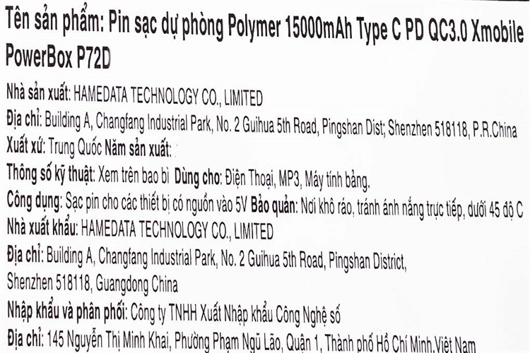 Pin sạc dự phòng Polymer 15.000 mAh Type C PD QC3.0 18W Xmobile PowerBox P72D Màu Đen