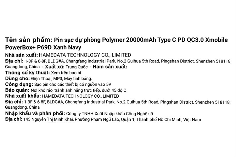 Pin sạc dự phòng Polymer 20.000 mAh Type C PD QC3.0 18W Xmobile PowerBox P69D Màu Xanh Navy