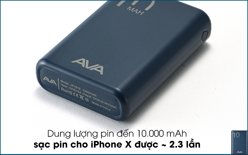 Pin sạc dự phòng Polymer 10.000mAh AVA PJ JP191S - Dung lượng sạc dự phòng 10.000 mAh