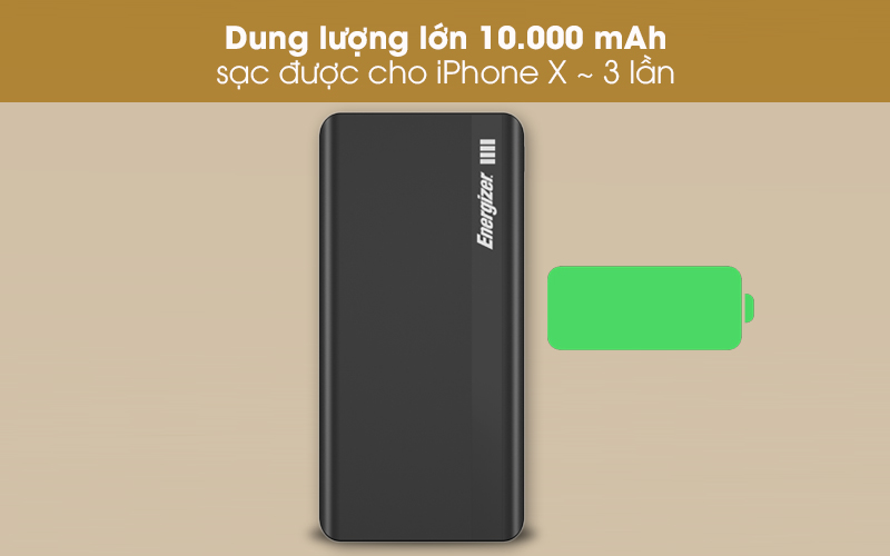 Pin sạc dự phòng Polymer 10.000mAh Type C Energizer UE10054BK Đen - Cung cấp dung lượng sạc dự phòng 10.000 mAh 