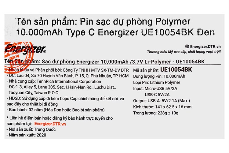Pin sạc dự phòng Polymer 10.000 mAh Type C Energizer UE10054BK Màu Đen