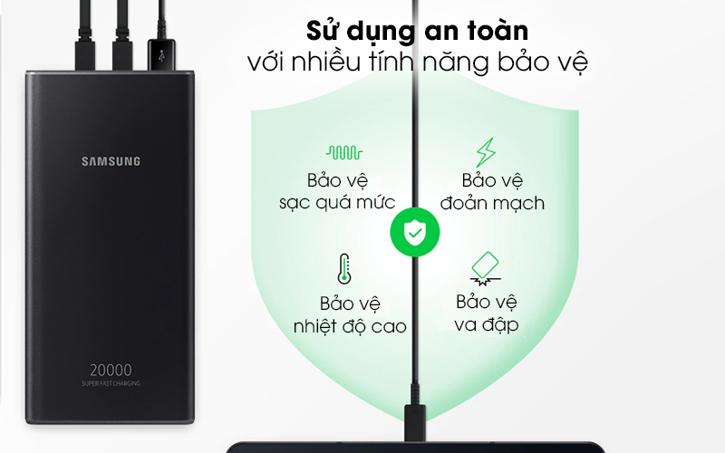 Pin sạc dự phòng Polymer 20.000mAh Type C PD 25W Samsung EB-P5300 Đen - Đảm bảo an toàn