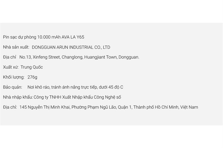 Pin sạc dự phòng 10.000 mAh AVA LA Y65
