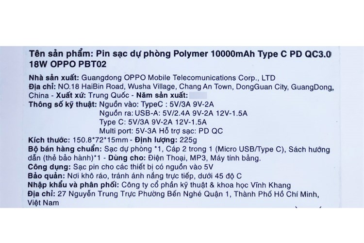 Pin sạc dự phòng Polymer 10.000 mAh Type C PD QC3.0 18W OPPO PBT02 Màu Đen