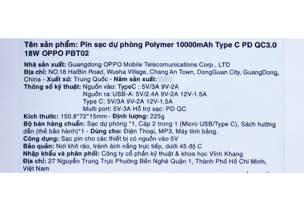 Pin sạc dự phòng Polymer 10.000 mAh Type C PD QC3.0 18W OPPO PBT02 - 21