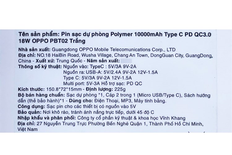 Pin sạc dự phòng Polymer 10.000 mAh Type C PD QC3.0 18W OPPO PBT02 Màu Trắng