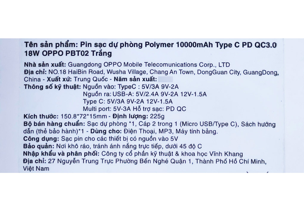 Pin sạc dự phòng Polymer 10.000 mAh Type C PD QC3.0 18W OPPO PBT02 - 20