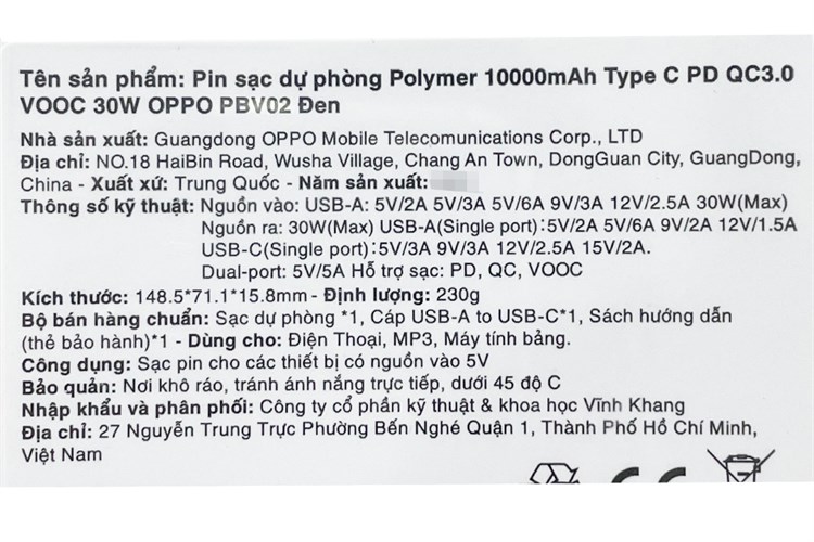 Pin sạc dự phòng Polymer 10.000 mAh Type C PD QC3.0 VOOC 30W OPPO PBV02 Màu Đen