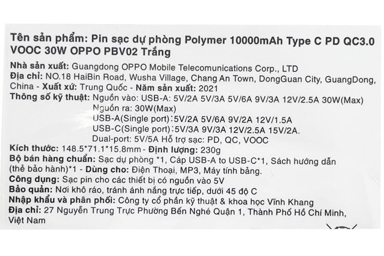 Pin sạc dự phòng Polymer 10.000 mAh Type C PD QC3.0 VOOC 30W OPPO PBV02 Màu Trắng