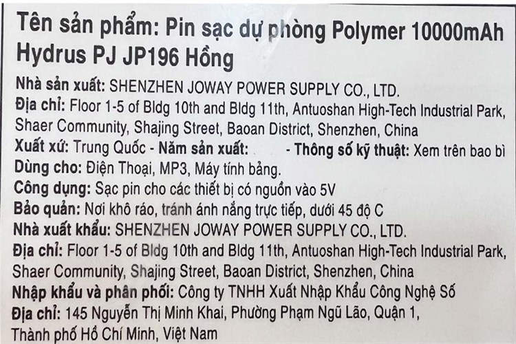 Pin sạc dự phòng Polymer 10.000 mAh 10W Hydrus PJ JP196 Màu Hồng