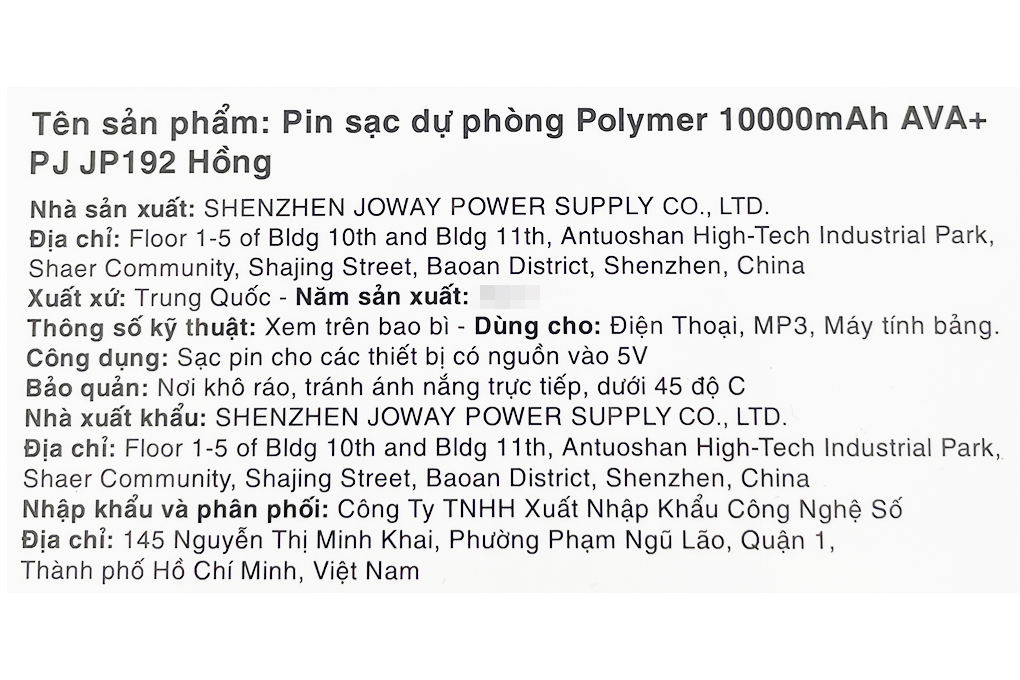 Pin sạc dự phòng Polymer 10.000 mAh 12W AVA+ PJ JP192 Màu Hồng