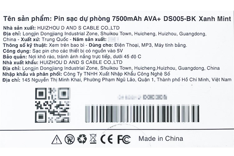 Pin sạc dự phòng 7.500 mAh 10W AVA+ DS005-PP Màu Xanh ngọc