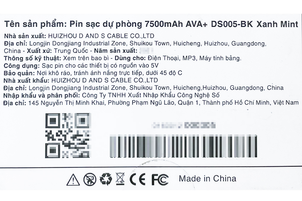 Pin sạc dự phòng 7.500 mAh 10W AVA+ DS005-PP Màu Xanh ngọc