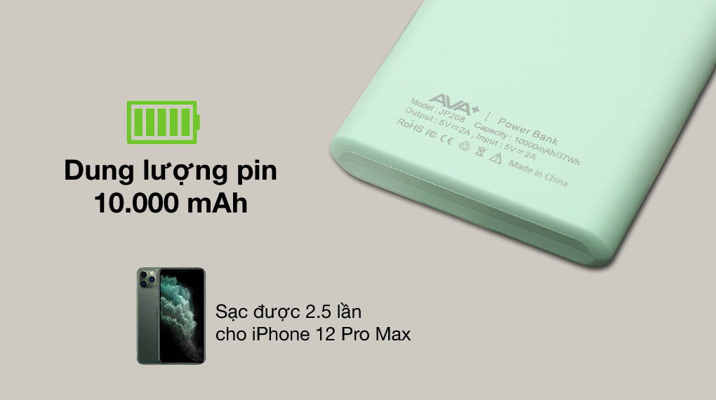 10.000 mAh - Pin sạc dự phòng Polymer 10.000mAh AVA+ JP208