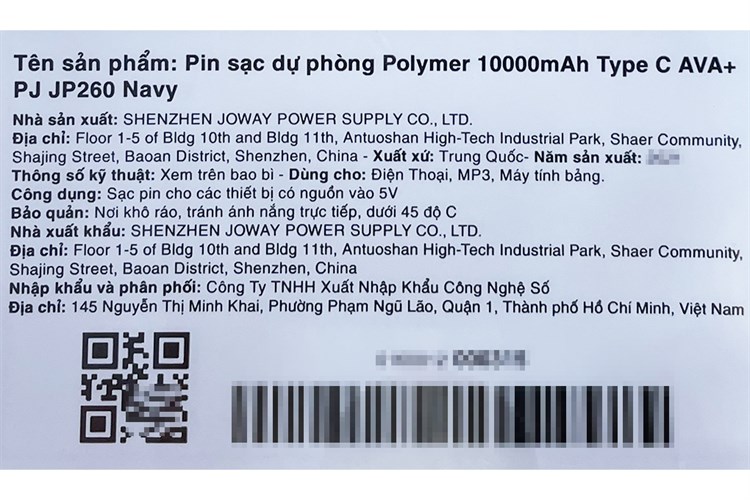 Pin sạc dự phòng Polymer 10000mAh Type C 12W AVA+ PJ JP260 Màu Xanh Navy