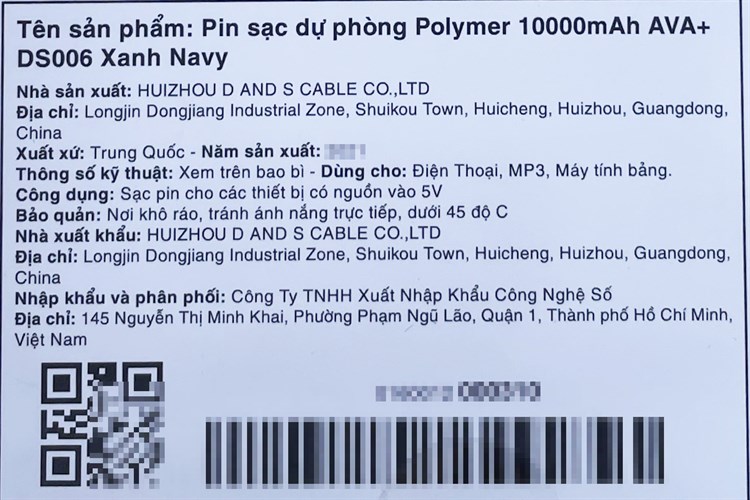 Pin sạc dự phòng Polymer 10000mAh 10.5W AVA+ DS006 Màu Xanh Navy