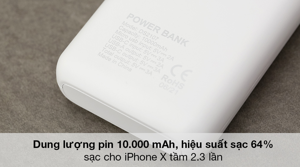 Pin sạc dự phòng Polymer 10000mAh Type C AVA+ DS2107 - Nạp pin điện thoại nhiều lần nhờ có dung lượng sạc dự phòng 10.000 mAh