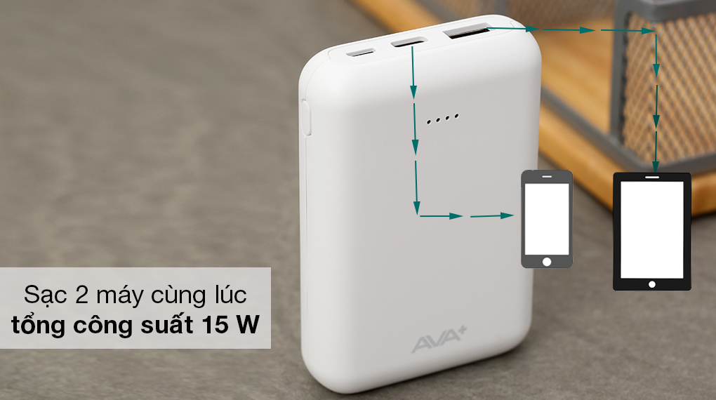 Pin sạc dự phòng Polymer 10000mAh Type C AVA+ DS2107 - Công suất sạc tối đa khi sạc cùng lúc 2 cổng lên tới 15 W