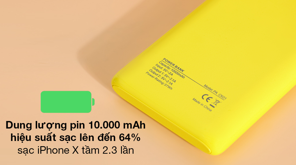 Pin sạc dự phòng Polymer 10.000 mAh Hydrus PA CK01 - Hiệu suất sạc tới 64%, dung lượng sạc dự phòng 10.000 mAh