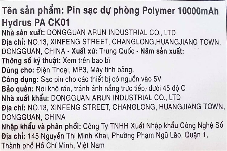 Pin sạc dự phòng Polymer 10.000 mAh 10.5W Hydrus PA CK01 Màu Xám