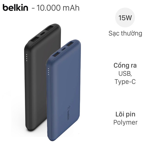 Pin sạc dự phòng Polymer 10.000 mAh Type C PD 15W Belkin Pocket Power BPB011