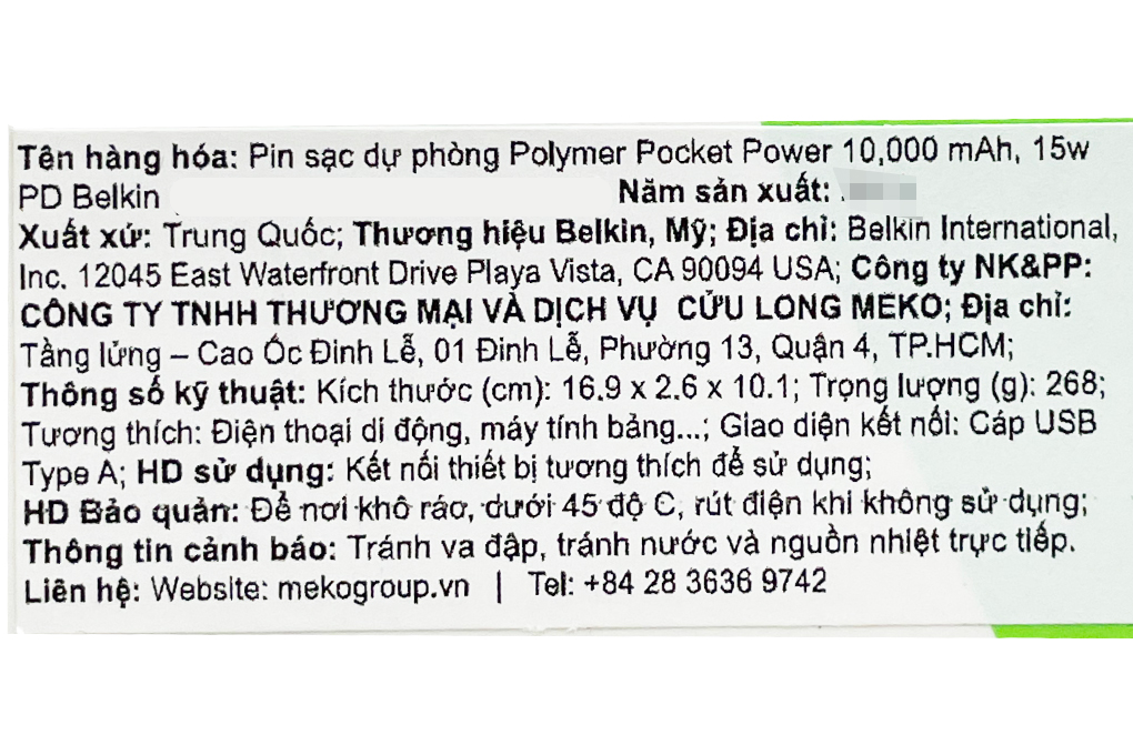 Pin sạc dự phòng Polymer 10.000 mAh Type C PD 15W Belkin Pocket Power BPB011 Màu Xanh Dương