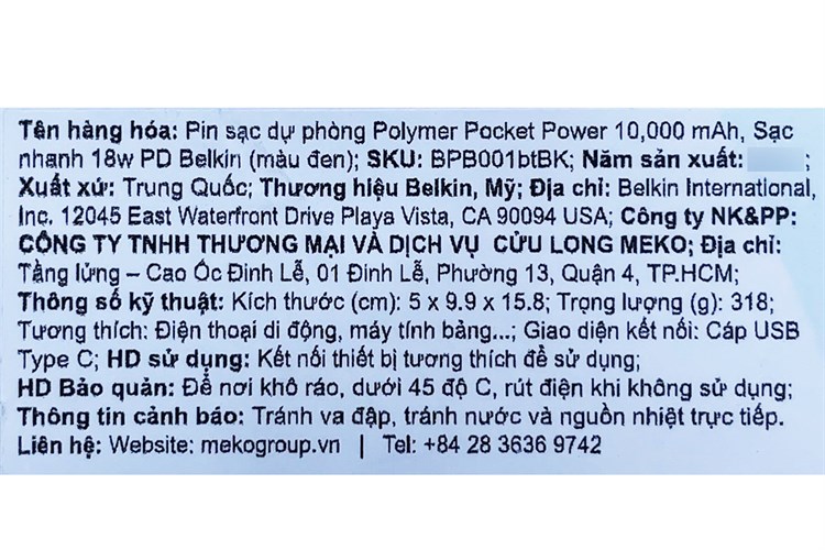 Pin sạc dự phòng Polymer 10.000 mAh Type C PD 18W Belkin Pocket Power BPB001 Màu Đen