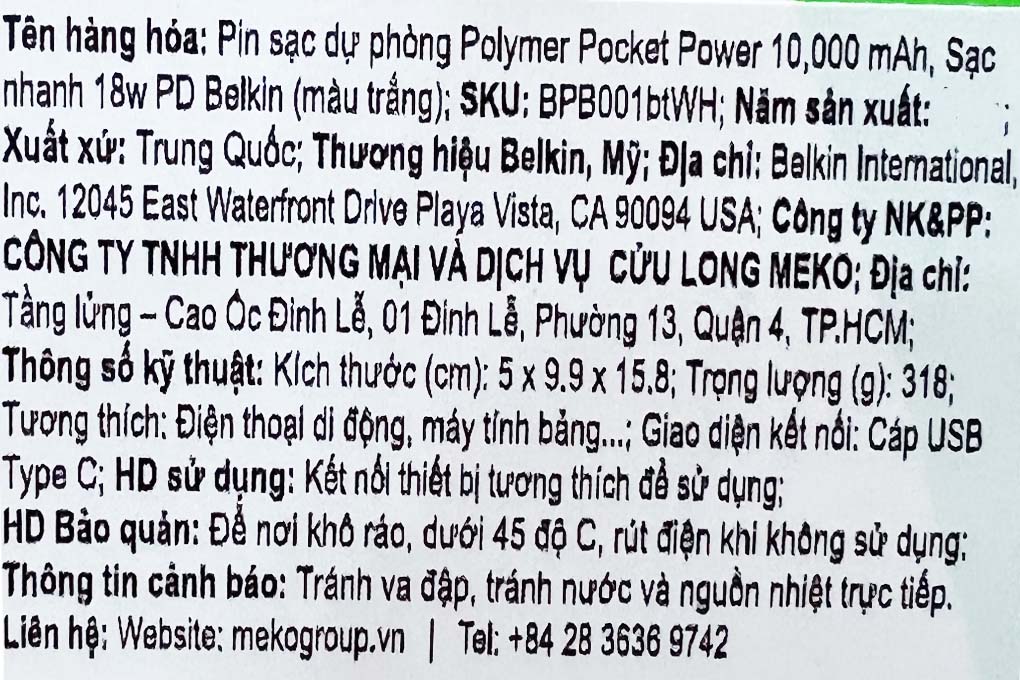 Pin sạc dự phòng Polymer 10.000 mAh Type C PD 18W Belkin Pocket Power BPB001 Màu Trắng