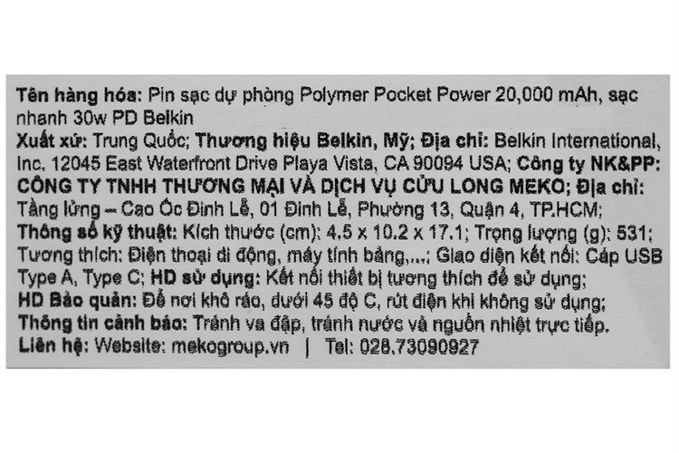Pin sạc dự phòng Polymer 20.000 mAh Type C 30W PD Belkin Pocket Power BPB002 Màu Đen