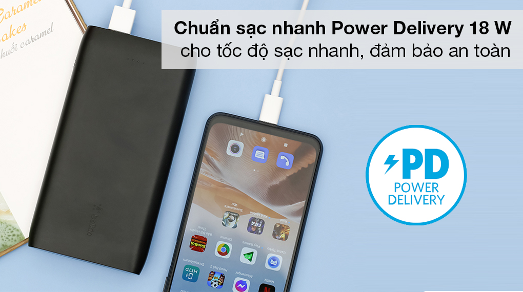 Pin sạc dự phòng Polymer 10.000 mAh Type C 18W PD Belkin Pocket Power BPB001 Đen - Trang bị công nghệ sạc nhanh Power Delivery trên cả nguồn vào và ra trên cổng Type-C