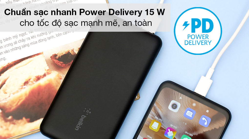 Pin sạc dự phòng Polymer 10.000 mAh Type C 15W PD Belkin Pocket Power BPB011 Đen - Tốc độ sạc nhanh, an toàn với công nghệ sạc nhanh Power Delivery 15 W