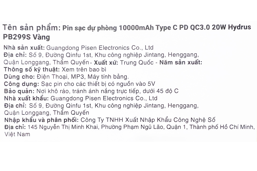 Pin sạc dự phòng 10000mAh Type C PD QC3.0 20W Hydrus PB299S Màu Vàng