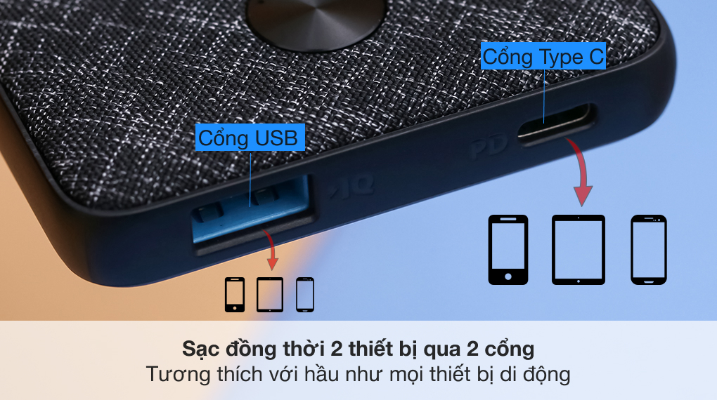 Pin sạc dự phòng Polymer 10000mAh Type C PD 20W Anker PowerCore Slim A1244 - Trang bị 2 cổng Type C và USB cho sạc cùng lúc 2 thiết bị an toàn