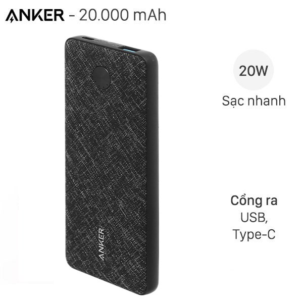 Pin sạc dự phòng Polymer 20000mAh Type C PD 20W PowerCore Essential Anker A1287