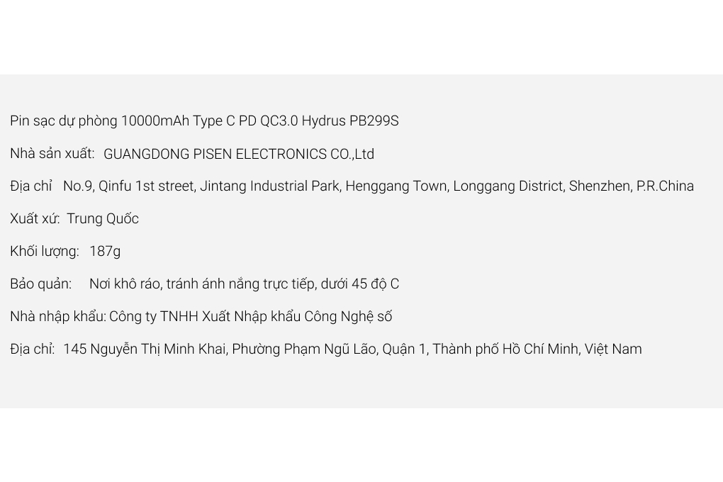 Pin sạc dự phòng 10000mAh Type C PD QC3.0 Hydrus PB299S Màu Cam