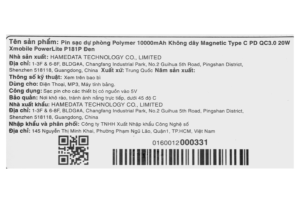Pin sạc dự phòng Polymer 10000mAh không dây Magnetic Type C PD 20W Xmobile PowerLite P181P Màu Đen