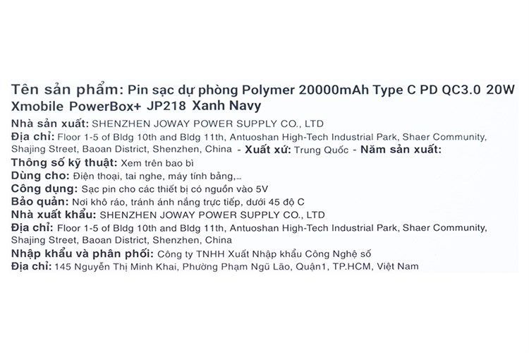 Pin sạc dự phòng Polymer 20000mAh Type C PD QC3.0 20W Xmobile PowerBox+ JP218 Màu Xanh Navy