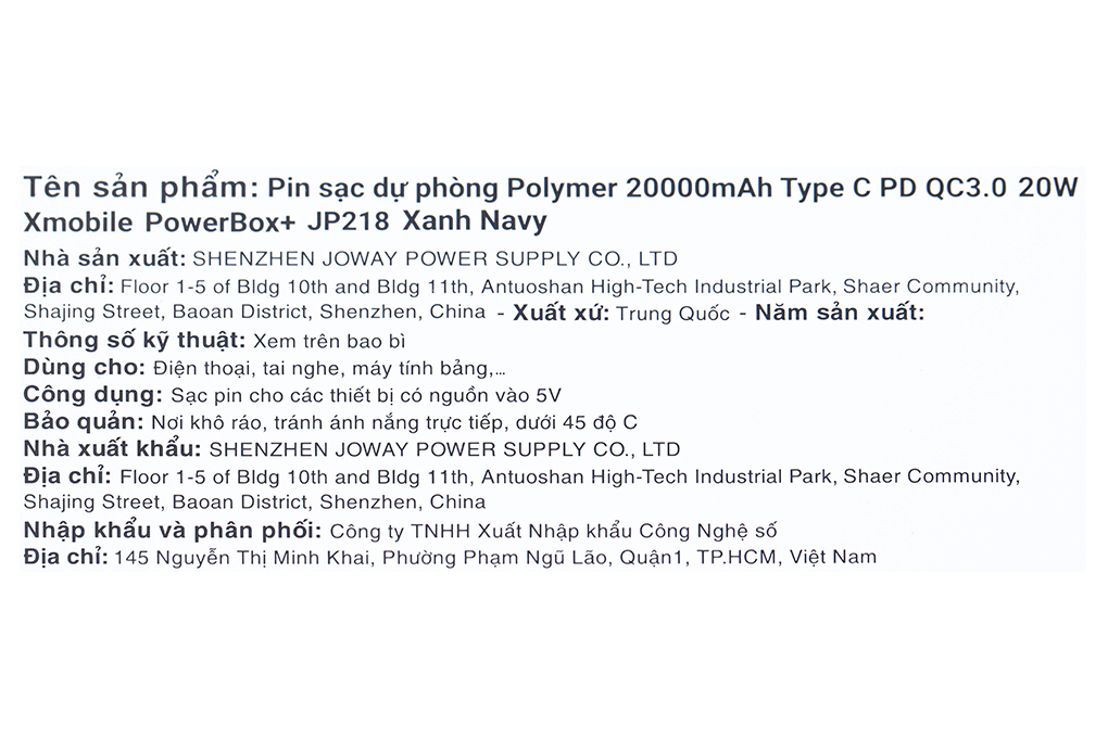 Pin sạc dự phòng Polymer 20000mAh Type C PD QC3.0 20W Xmobile PowerBox+ JP218 Màu Xanh Navy