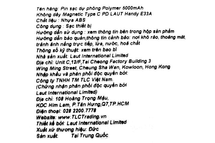 Pin sạc dự phòng Polymer 5000mAh không dây Magnetic Type C PD 20W LAUT Handy E33A Màu Trắng