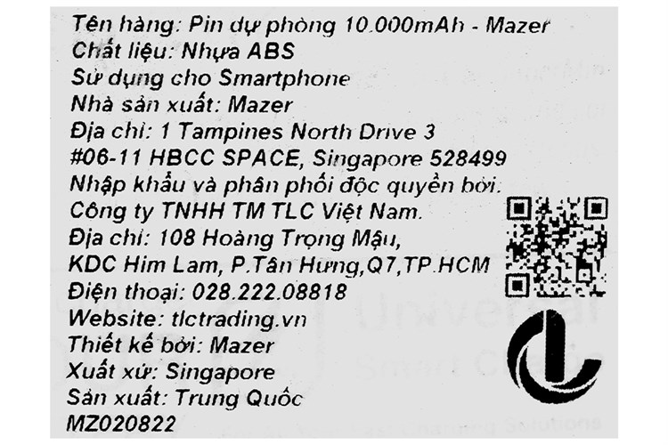 Pin sạc dự phòng Polymer 10000mAh Type C PD QC3.0 22.5W Mazer Super Mini V2 Màu Đen